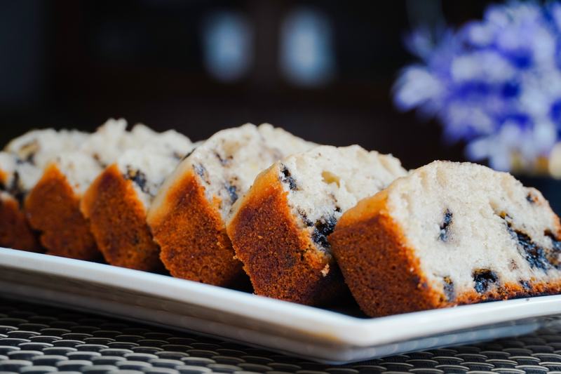 Slices of homemade banana bread with chocolate chips