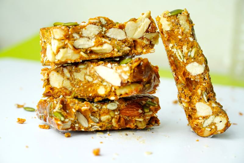 Homemade protein bars with almonds, cashews and pumpkin seeds